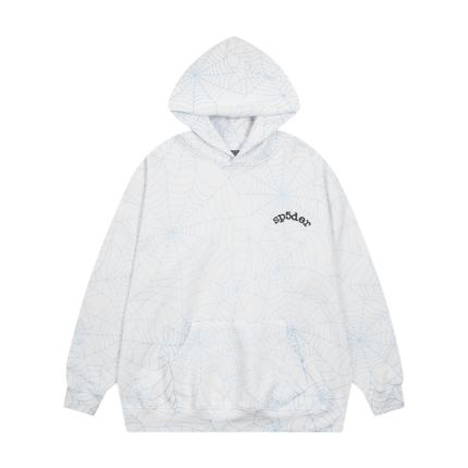 Front view of the premium Sp5der AOP Web Hoodie in Heather Grey featuring an all-over streetwear spider web print.