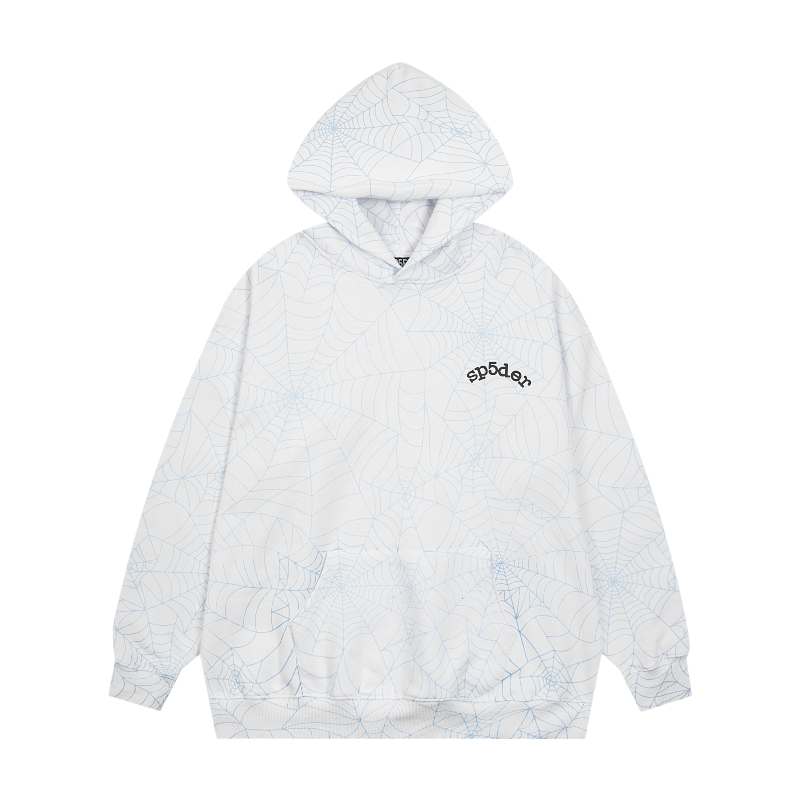 Sp5der AOP Web Hoodie Heather Grey Front View Front view of the premium Sp5der AOP Web Hoodie in Heather Grey featuring an all-over streetwear spider web print.