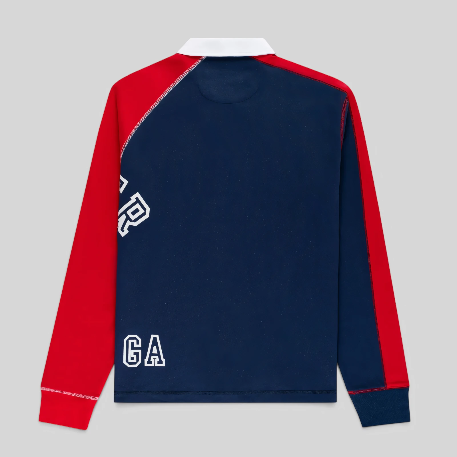Back view of the Navy Sp5der Academy Rugby shirt featuring red raglan sleeves and white collar detail for streetwear.