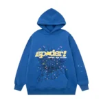 Front view of the Navy Blue Sp5der Acai hoodie featuring a spider web graphic, colorful star details, and branding.