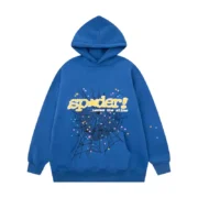 Front view of the Navy Blue Sp5der Acai hoodie featuring a spider web graphic, colorful star details, and branding.
