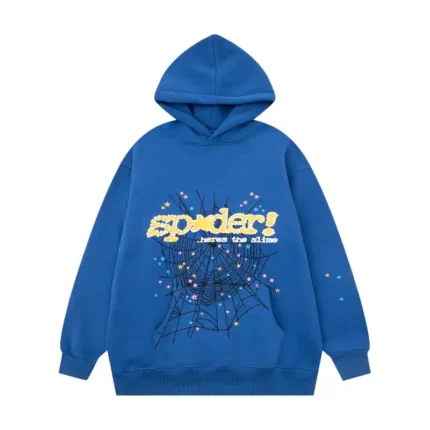 Front view of the Navy Blue Sp5der Acai hoodie featuring a spider web graphic, colorful star details, and branding.