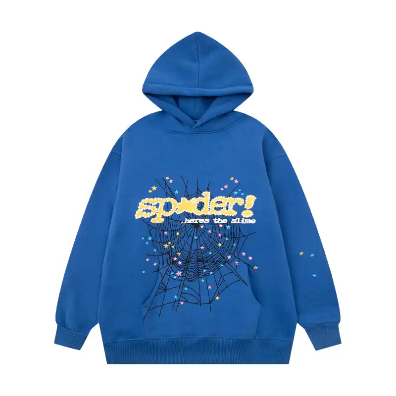 Sp5der Acai Hoodie Navy Blue Front View Front view of the Navy Blue Sp5der Acai hoodie featuring a spider web graphic, colorful star details, and branding.