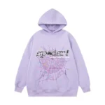 Sp5der Acai Hoodie in vibrant purple featuring a signature web graphic and loose, comfortable unisex streetwear fit.