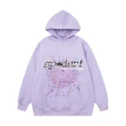 Sp5der Acai Hoodie in vibrant purple featuring a signature web graphic and loose, comfortable unisex streetwear fit.