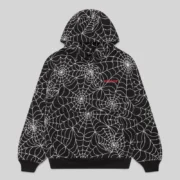 Front view of the black Sp5der All Over Print Hoodie with a white embroidered web design and chest logo detail.