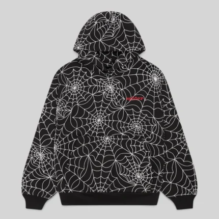 Front view of the black Sp5der All Over Print Hoodie with a white embroidered web design and chest logo detail.