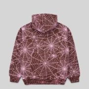 Back view of the Sp5der all-over print hoodie in brown featuring a detailed pink embroidered web design pattern.