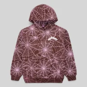 Sp5der brown hoodie featuring an all-over embroidered web design and a contrast white SP5DER logo on the upper chest.