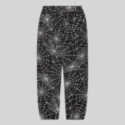 Back view of black Sp5der sweatpants featuring an embroidered all-over white web design on 13oz cotton fleece fabric.