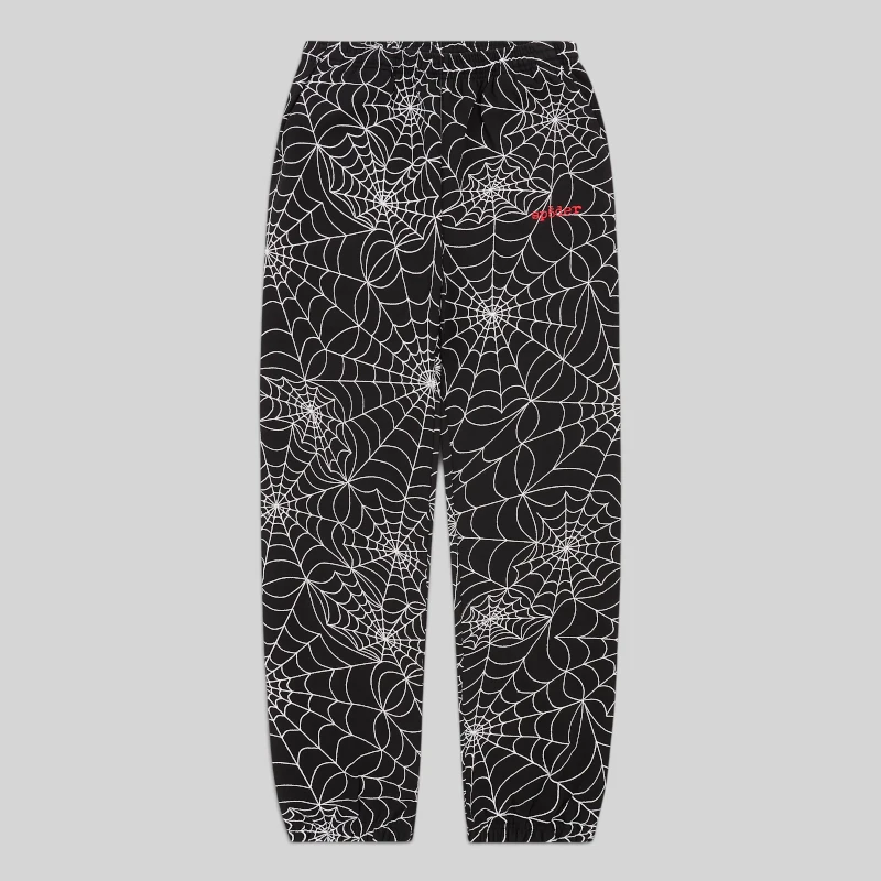 Black Sp5der sweatpants featuring an embroidered all-over web design and logo on the leg, shown from the front view.