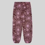 Back view of brown Sp5der sweatpants with an embroidered all-over spider web print in 13oz cotton fleece fabric.