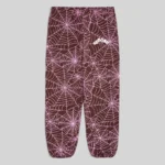 Brown Sp5der All Over Print sweatpant with embroidered web design and logo on the leg, front view of streetwear joggers.