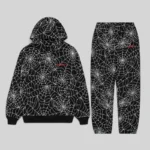 Black Sp5der All-Over Print Tracksuit featuring an embroidered web design and branded logo on the hoodie and pants.