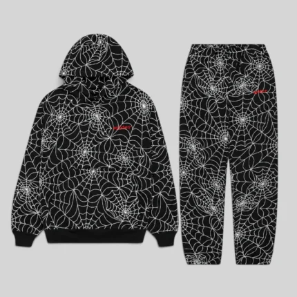 Black Sp5der All-Over Print Tracksuit featuring an embroidered web design and branded logo on the hoodie and pants.