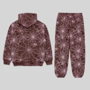 Back view of the Sp5der embroidered all-over print brown tracksuit featuring a detailed web design on cotton fleece.