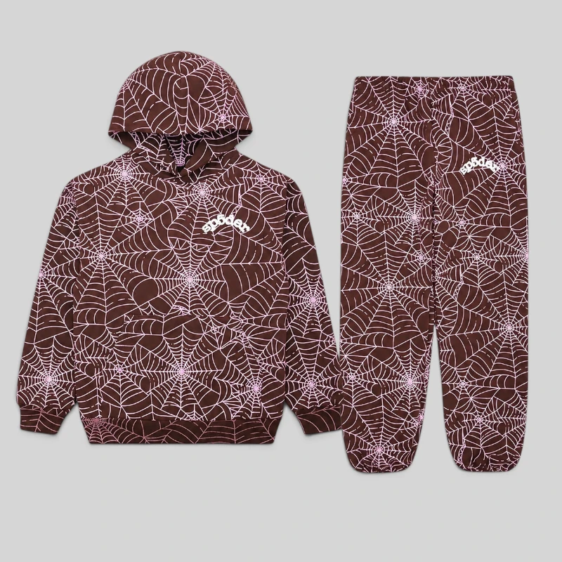 Sp5der brown all-over print tracksuit featuring an embroidered web design on a hoodie and matching sweatpants.