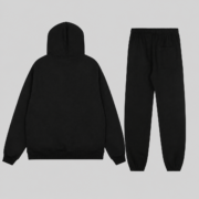Back view of the premium Sp5der Arach Black Tracksuit featuring a heavyweight 13oz cotton fleece hoodie and sweatpants