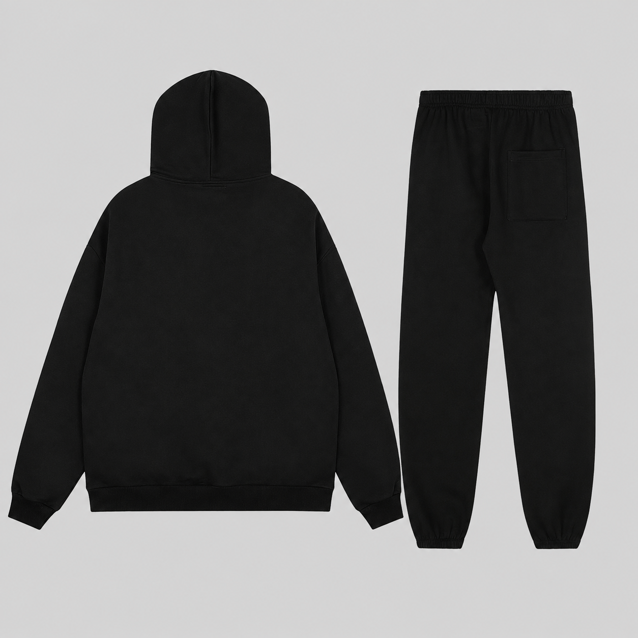Back view of the premium Sp5der Arach Black Tracksuit featuring a heavyweight 13oz cotton fleece hoodie and sweatpants