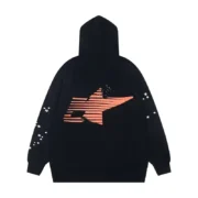 Back view of the Sp5der Araignee hoodie in black featuring a unique graphic and star details on the long sleeves.