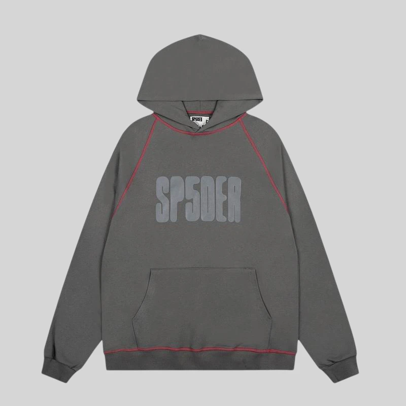 Sp5der Archive Contrast Hoodie Slate Grey Front View Front view of the Sp5der Archive Contrast Hoodie in Slate Grey featuring premium cotton fleece and logo print.