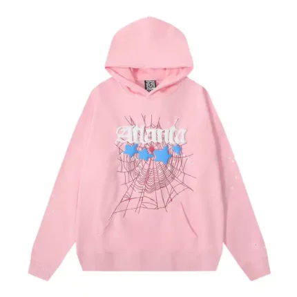 Front view of the premium Baby-Pink Sp5der Atlanta hoodie featuring a loose fit and signature distressed web print.