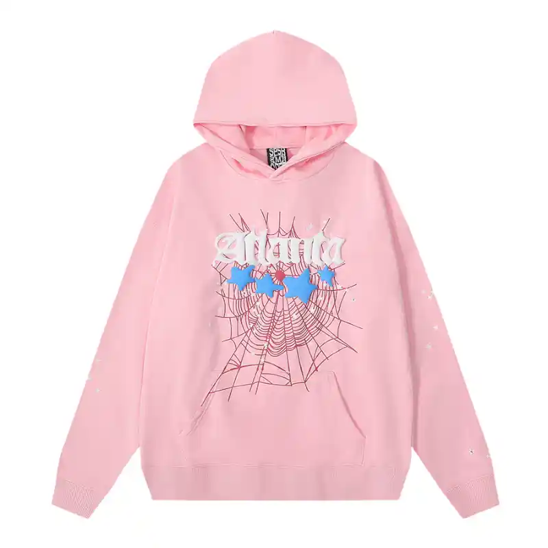 Sp5der Atlanta Hoodie Baby Pink Front View Front view of the premium Baby-Pink Sp5der Atlanta hoodie featuring a loose fit and signature distressed web print.