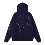 Back view of the Navy-Blue Sp5der Atlanta Hoodie featuring a loose fit design with iconic star graphic prints.