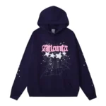 Front view of the Sp5der Atlanta hoodie in navy blue with signature web and star graphic urban street style design.