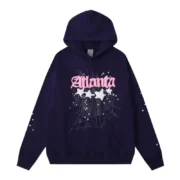 Front view of the Sp5der Atlanta hoodie in navy blue with signature web and star graphic urban street style design.