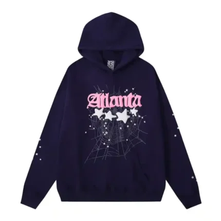 Front view of the Sp5der Atlanta hoodie in navy blue with signature web and star graphic urban street style design.