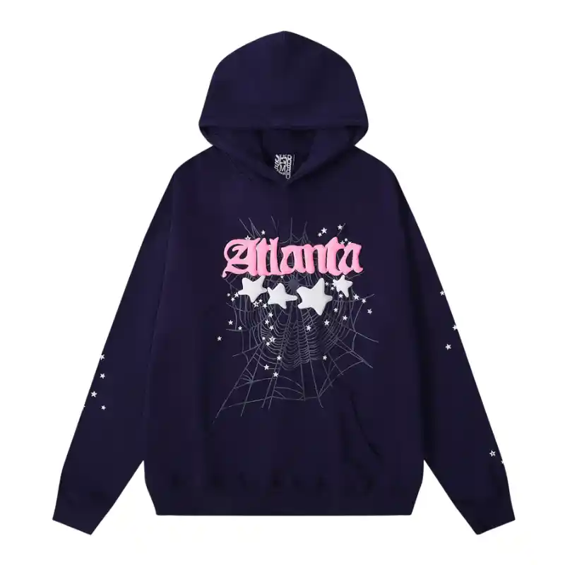 Sp5der Atlanta Hoodie Navy Blue Front View Front view of the Sp5der Atlanta hoodie in navy blue with signature web and star graphic urban street style design.