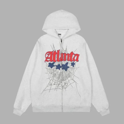 Sp5der Atlanta Zip Up Hoodie 'white' front view