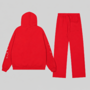Red Sp5der Atlanta zip-up hoodie and open leg sweatpants set, back view featuring iconic scattered star print design.