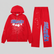 Red Sp5der Atlanta tracksuit featuring a zip-up hoodie and open-leg sweatpants with graphic star and script branding.