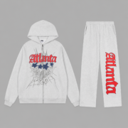 Sp5der Atlanta Open Leg Tracksuit in grey with front graphic print, zip-up hoodie, and matching open-leg sweatpants.