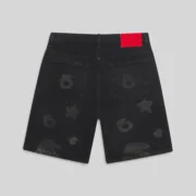 Back view of Sp5der Beluga denim shorts in black featuring signature all-over faded print and leather branded waistband.