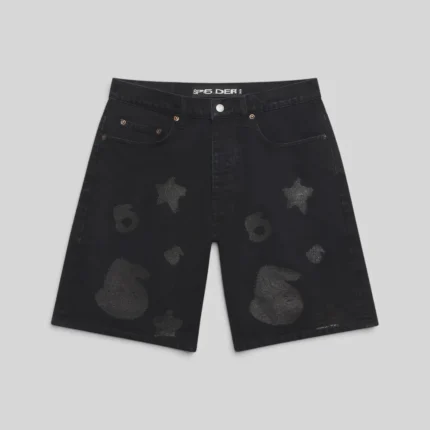 Front view of the black Sp5der Beluga denim shorts featuring signature star and spider print design details.