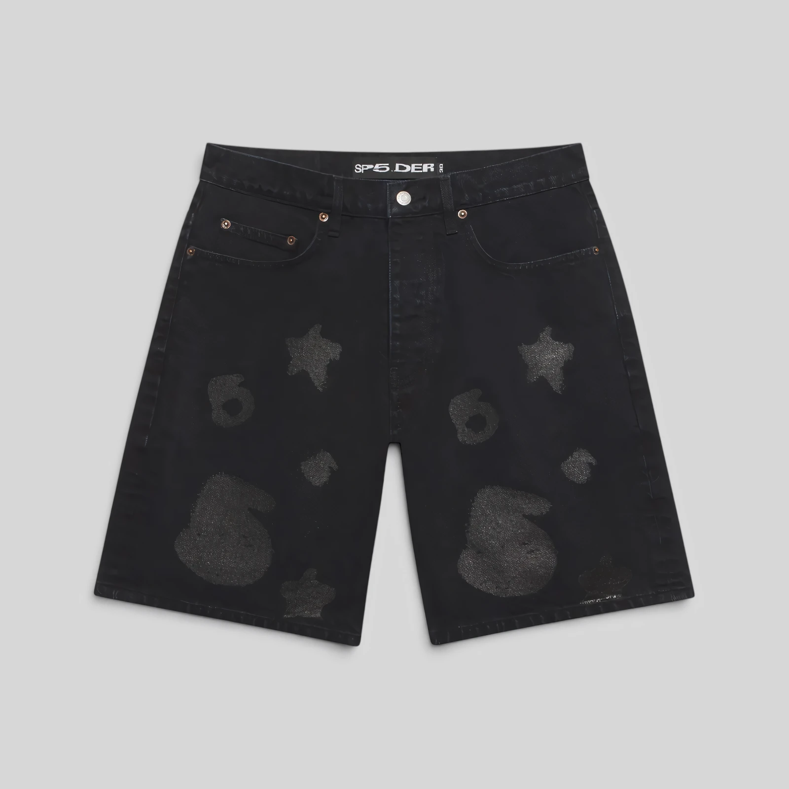 Front view of the black Sp5der Beluga denim shorts featuring signature star and spider print design details.