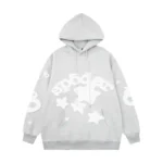 Front view of the premium gray Sp5der Beluga hoodie featuring white star graphics and a comfortable relaxed fit.