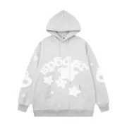 Front view of the premium gray Sp5der Beluga hoodie featuring white star graphics and a comfortable relaxed fit.