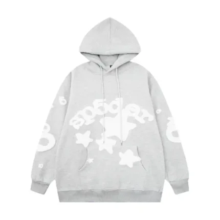 Front view of the premium gray Sp5der Beluga hoodie featuring white star graphics and a comfortable relaxed fit.