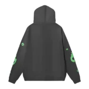 Back view of the black Sp5der Beluga hoodie featuring distinctive green accents on the long sleeves on a plain background.