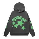 Front view of the Sp5der Beluga hoodie in jet-black featuring iconic green graphics and a comfortable relaxed fit.