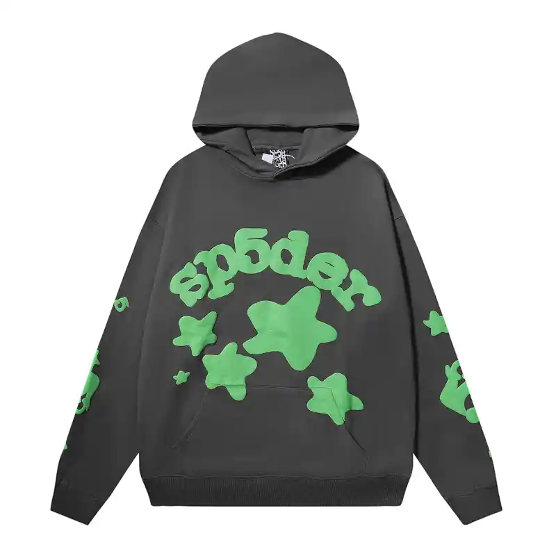 Sp5der Beluga Hoodie Jet Black Front View Front view of the Sp5der Beluga hoodie in jet-black featuring iconic green graphics and a comfortable relaxed fit.