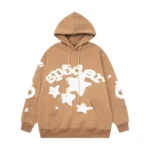 Front view of the premium Sp5der Beluga hoodie in a light brown colorway featuring white star and logo graphics.