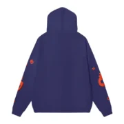 Back view of the premium navy-blue Sp5der Beluga hoodie featuring unique branding on the long sleeves.