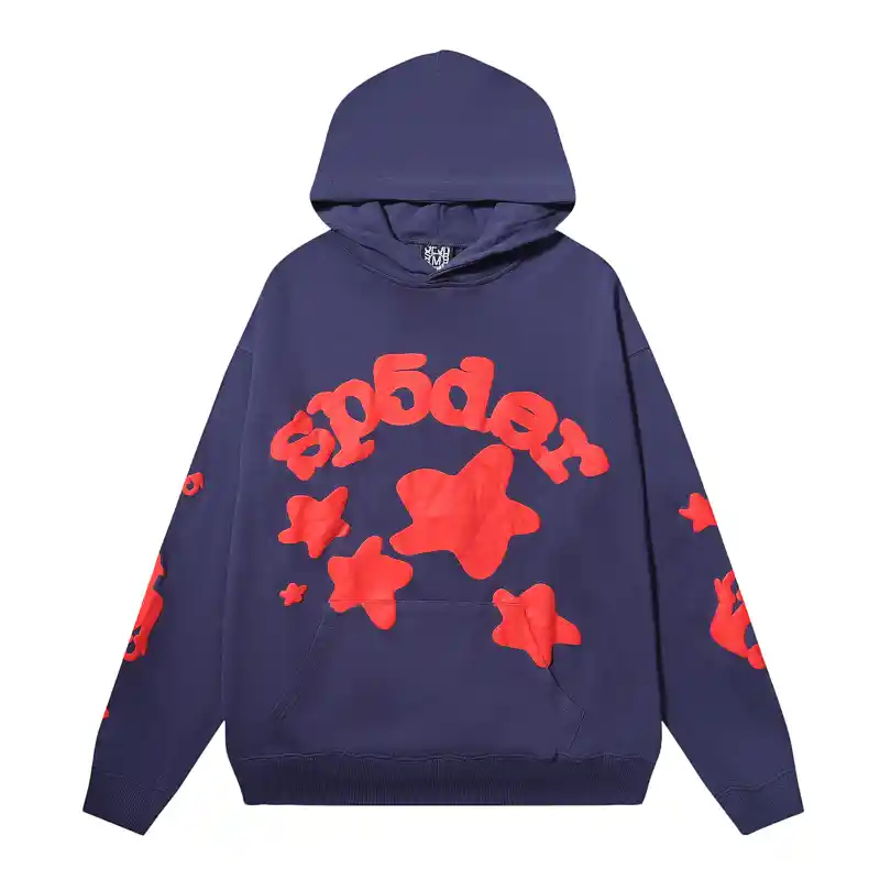 Sp5der Beluga Hoodie Navy Blue Front View Front view of the Navy-Blue Sp5der Beluga Hoodie featuring red puff print star graphics and relaxed streetwear fit.