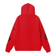 Back view of the vibrant red Sp5der Beluga hoodie featuring premium cotton construction and signature graphic print