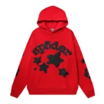 Front view of the vibrant red Sp5der Beluga Hoodie featuring bold black graphic print and a comfortable loose fit design.